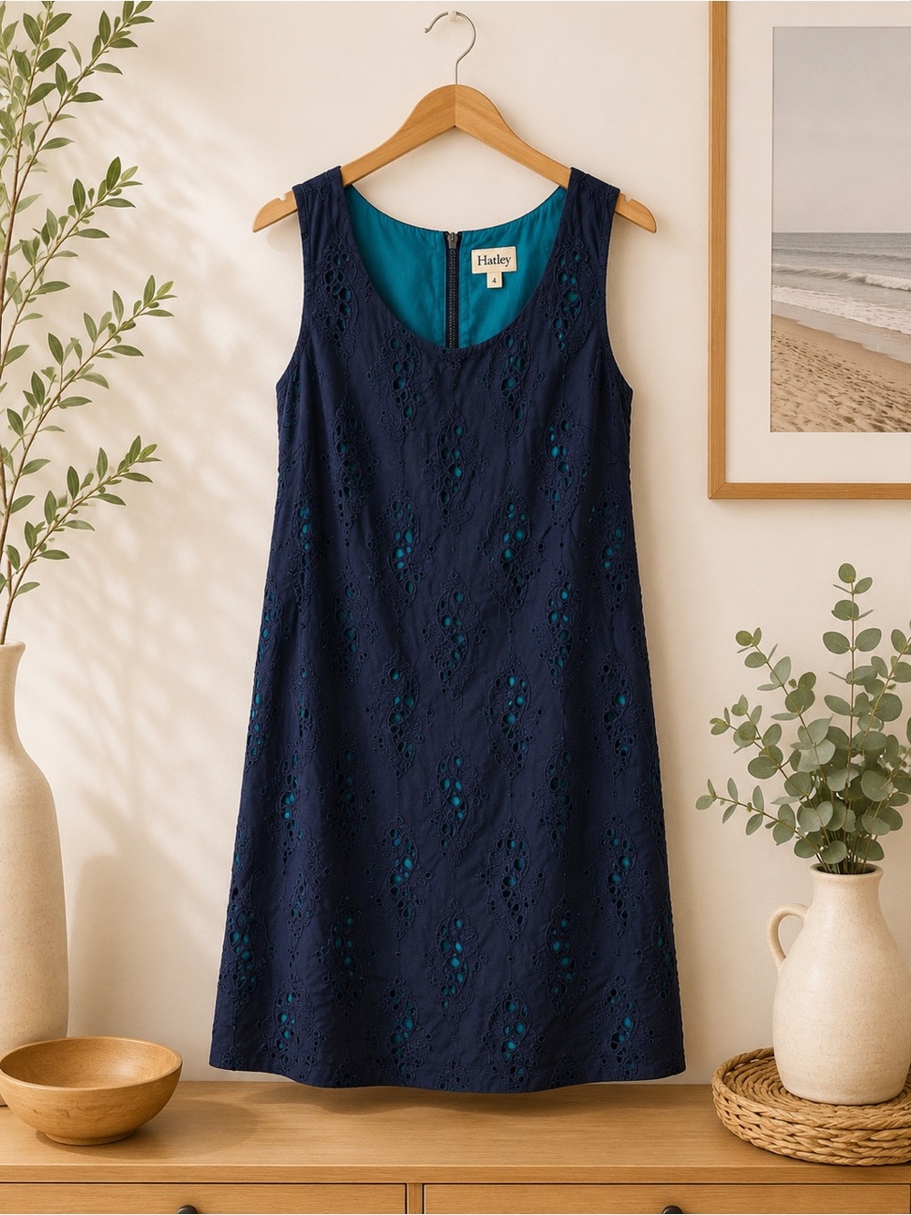 Halty Women's Navy Eyelet Shift Dress with Teal Lining